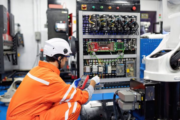 Engineer hold multimeter testing cable wiring robotic control panel at robot maintenance shop Engineer hold multimeter testing cable wiring robotic control panel at robot maintenance shop
